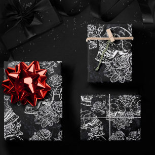 Feuille De Papier Cadeau Roses des crânes et des calques   Gothique Glam Fu