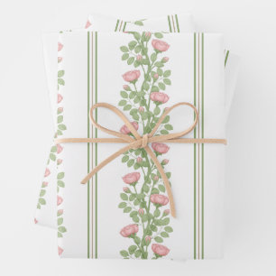 Feuille De Papier Cadeau Roses et rayures roses sur blanc