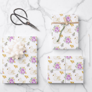 Feuille De Papier Cadeau Roses floraux cygnes violet et or