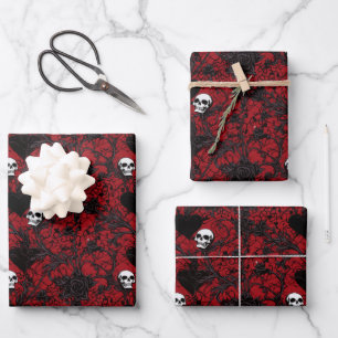 Feuille De Papier Cadeau Roses noires gothiques Cœurs noirs et crânes