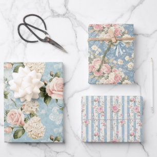 Feuille De Papier Cadeau Roses Rose Pastel et Feuillage à Rayures Bleu de F