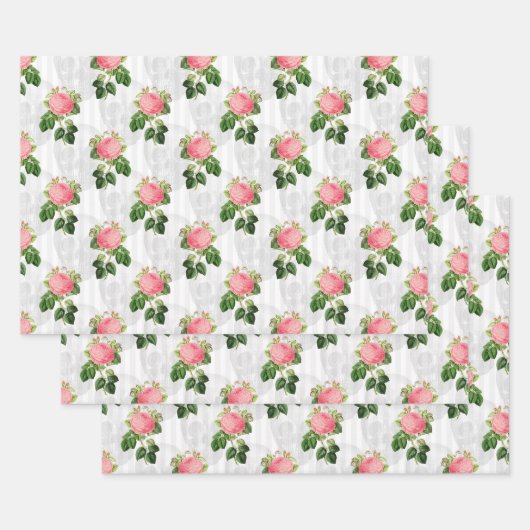 Feuille De Papier Cadeau Roses roses et crânes roses sur blanc (Lot)