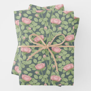 Feuille De Papier Cadeau Roses roses sur ardoise bleu