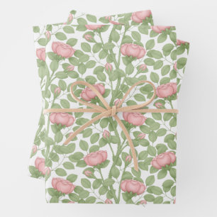 Feuille De Papier Cadeau Roses roses sur fond blanc