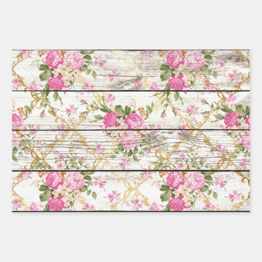 Feuille De Papier Cadeau Roses roses sur planche de grange blanche (Devant)