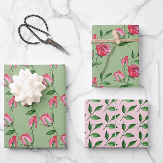 Feuille De Papier Cadeau Roses rouges aquarelle peintes à la main (Recto)