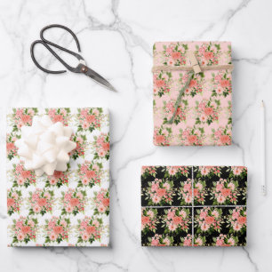 Feuille De Papier Cadeau Roses rouges corail avec feuillage