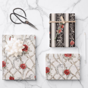 Feuille De Papier Cadeau Roses Rouges Faux Bois Floral Mariage