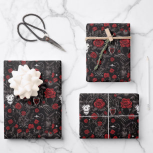 Feuille De Papier Cadeau Roses Rouges Gothiques et Crânes