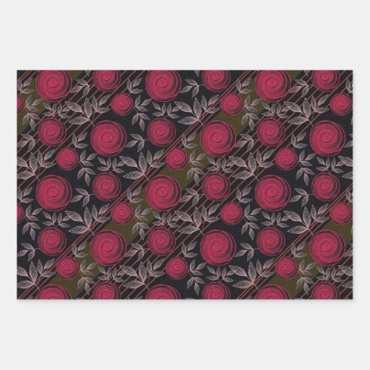 Feuille De Papier Cadeau Roses rouges sur noir. (Devant 3)