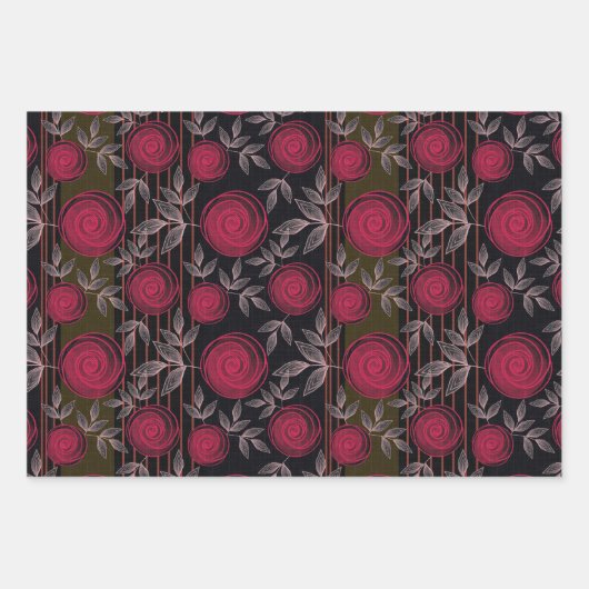 Feuille De Papier Cadeau Roses rouges sur noir. (Devant)