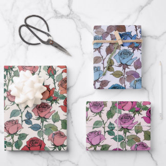 Feuille De Papier Cadeau Roses vintages en bleu rouge et rose