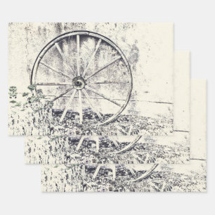Feuille De Papier Cadeau Roue Rustique Occidentale Noir Et Blanc Wagon