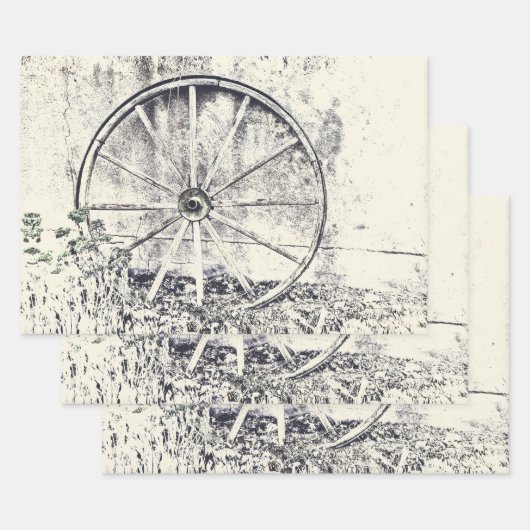 Feuille De Papier Cadeau Roue Rustique Occidentale Noir Et Blanc Wagon (Lot)