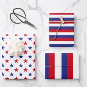 Feuille De Papier Cadeau Rouge, Blanc et Bleu motif Étoiles et Rayures USA