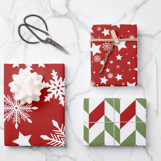 FEUILLE DE PAPIER CADEAU ROUGE BLANC VERT ÉTOILES ÉTOILES ÉTOILES STRIPES (Recto)