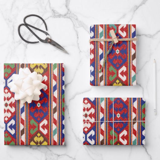 Feuille De Papier Cadeau Rouge Bleu Vert Jaune Blanc Oriental Kilim Rug (Recto)