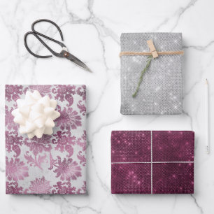Feuille De Papier Cadeau Rouge Bourgogne Fleurs Argentées Étincelantes Mari