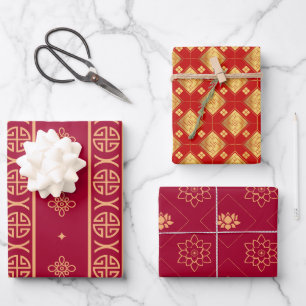 Feuille De Papier Cadeau Rouge et Or Asiatique 