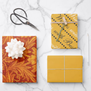Feuille De Papier Cadeau Rouge floral et jaune doré Wm Morris