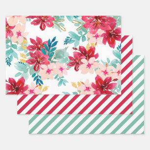 Feuille De Papier Cadeau Rouge Floral Téâl Aquarelle Rayure de verdure