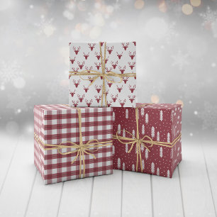Feuille De Papier Cadeau Rouge foncé Rustique Vacances Motif Bois Plaid Ar