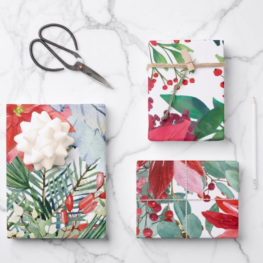 Feuille De Papier Cadeau Rouge Noël Poinsettia (Recto)