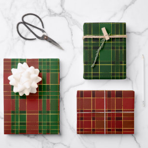Feuille De Papier Cadeau Rouge, Or & Vert Hiver Motifs à Carreaux de Noël