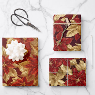 Feuille De Papier Cadeau Rouge or Vintage Poinsettias Noël