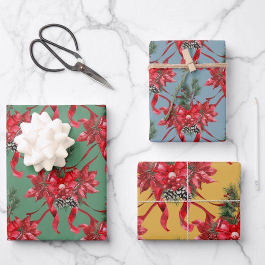 Feuille De Papier Cadeau Rouge Poinsettias Ruban Bows Lattice Vert Rouge Or (Recto)