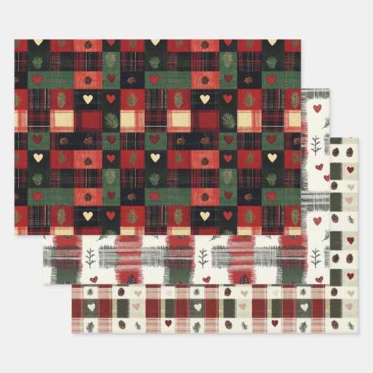Feuille De Papier Cadeau Rouge Vert Carreaux Cœurs Noël Fêtes (Lot)