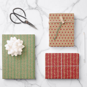 Feuille De Papier Cadeau Rouge Vert Chevron Points Sur Kraft Brun Faux