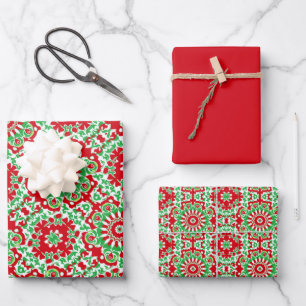 Feuille De Papier Cadeau Rouge vif, vert et blanc Motif