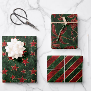 Feuille De Papier Cadeau Rouge vintage, vert et or, velours de Noël pour le