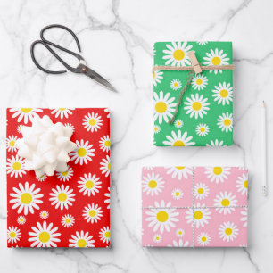 Feuille De Papier Cadeau Rouges, Vertes & Roses Marguerites d'Été Mixtes