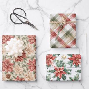 Feuille De Papier Cadeau Rouges Verts Chauds Noël Floral Rayures