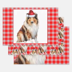 Feuille De Papier Cadeau Rough Collie Chien Rouge Plaid Noël