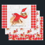 Feuille De Papier Cadeau Rough Collie Christmas Chien et Red Holiday Plaid<br><div class="desc">Un adorable chien Rough Collie est prêt pour la saison des fêtes avec chapeau de Père Noël et une écharpe d'hiver rouge. Ce mignon chien de Noël est jumelé à un plaid de vacances rouge et blanc sur cet ensemble d'enveloppement cadeau pour l'amoureux des chiens.</div>
