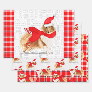 Feuille De Papier Cadeau Rough Collie Christmas Chien et Red Holiday Plaid