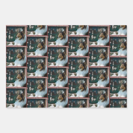 Feuille De Papier Cadeau Rough Collie Joyeux Collidays Noël (Devant 3)