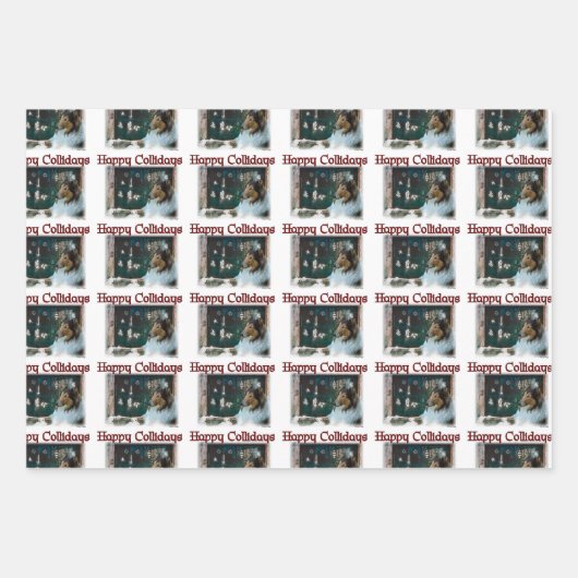 Feuille De Papier Cadeau Rough Collie Joyeux Collidays Noël (Devant)