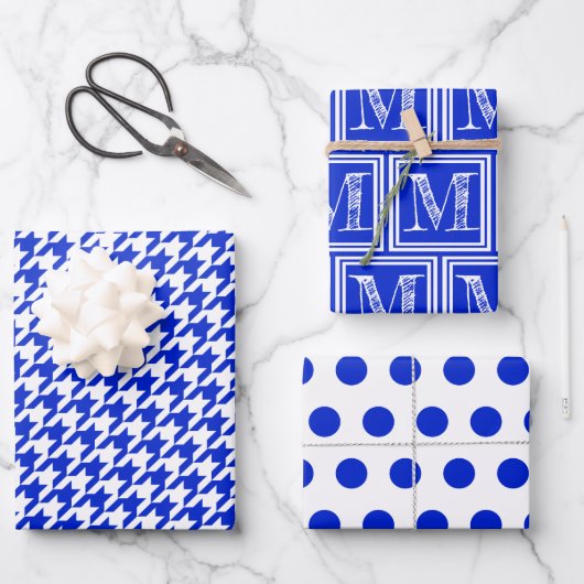 Feuille De Papier Cadeau Royal Blue Houndstooth Monogram Polka Dot (Recto)
