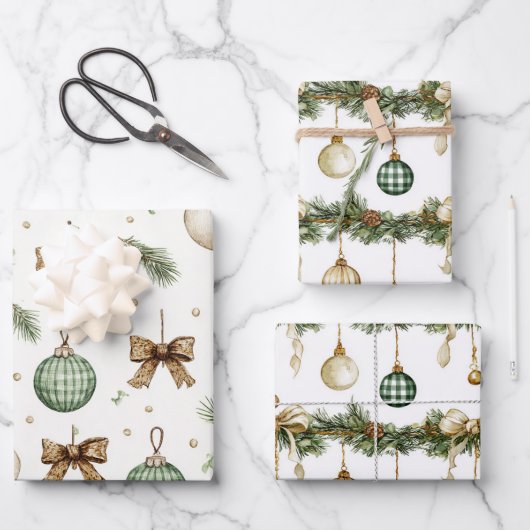 Feuille De Papier Cadeau Rubans Marron Rustique Crème Vert Noël (Recto)