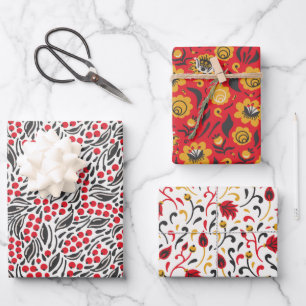 Feuille De Papier Cadeau Russe Folk Art Rouge Baies Noir Foliage JAUNE