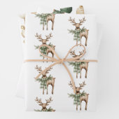 Feuille De Papier Cadeau Rustic Brown Bows Cream Green Christmas Trees Deer (En situation)