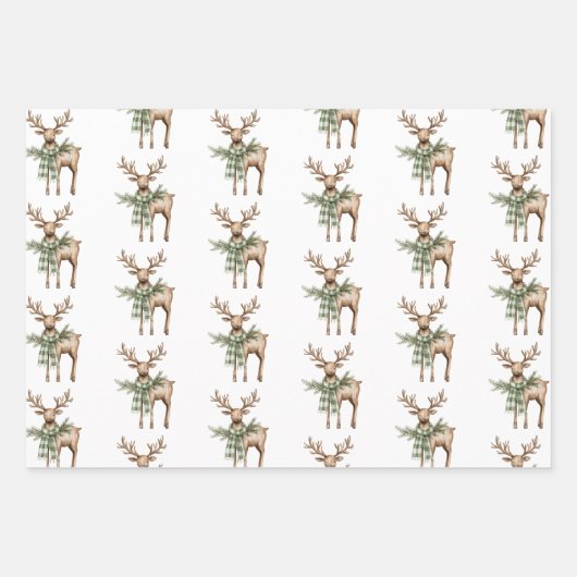 Feuille De Papier Cadeau Rustic Brown Bows Cream Green Christmas Trees Deer (Devant)