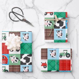 Feuille De Papier Cadeau Rustic Farm Patchwork Vache Plaid Anniversaire de