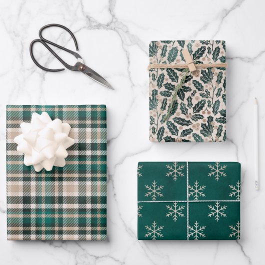 Feuille De Papier Cadeau Rustic Green et Tan Motifs de Noël (Recto)