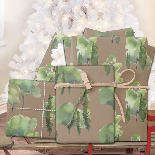 Feuille De Papier Cadeau Rustique Kraft Aquarelle Forêt Scènes Cadeau