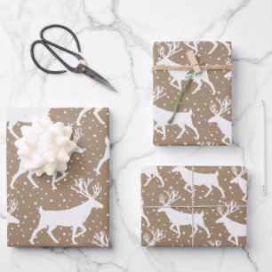 Feuille De Papier Cadeau Rustique Kraft Blanc Sur Blanc Snown Blanc Reindee